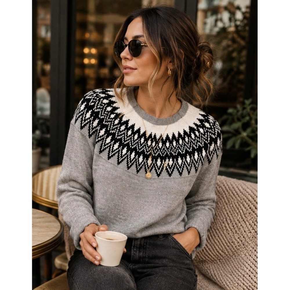 NWT Fair Isle Nordic Knit Sweater Grey Boho Coastal Cabin Minimalist Sz L